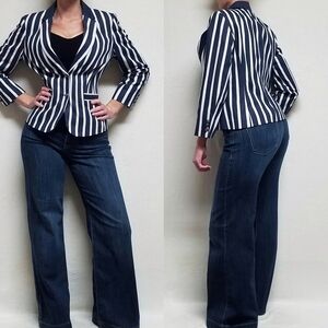 VINTAGE 90s Jones New York Blue White Striped Logo Crest Button Blazer Jacket 8